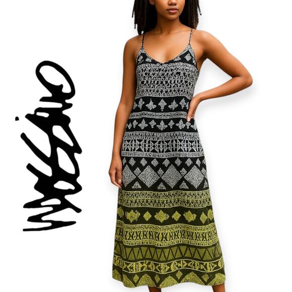 Mossimo | NWT | M | Java Black, White & Lime Ikat Tribal Print Maxi Beach Dress - Picture 1 of 10